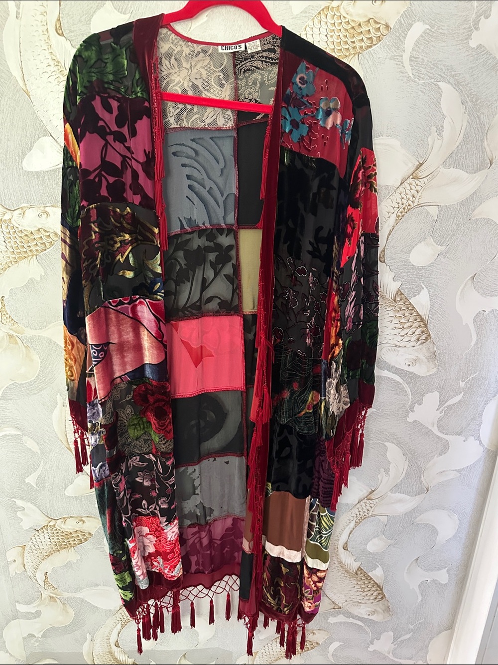 Chico's Multicolor Velvet Beaded Fringe Cardigan